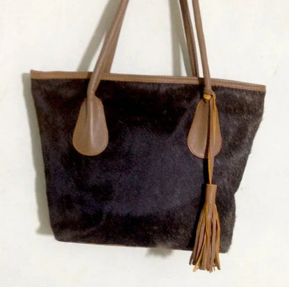 Cowhide shoulder bag purse with real hair on hide tote