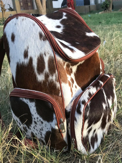 Dark brown cowhide backpack speckled hair on hide