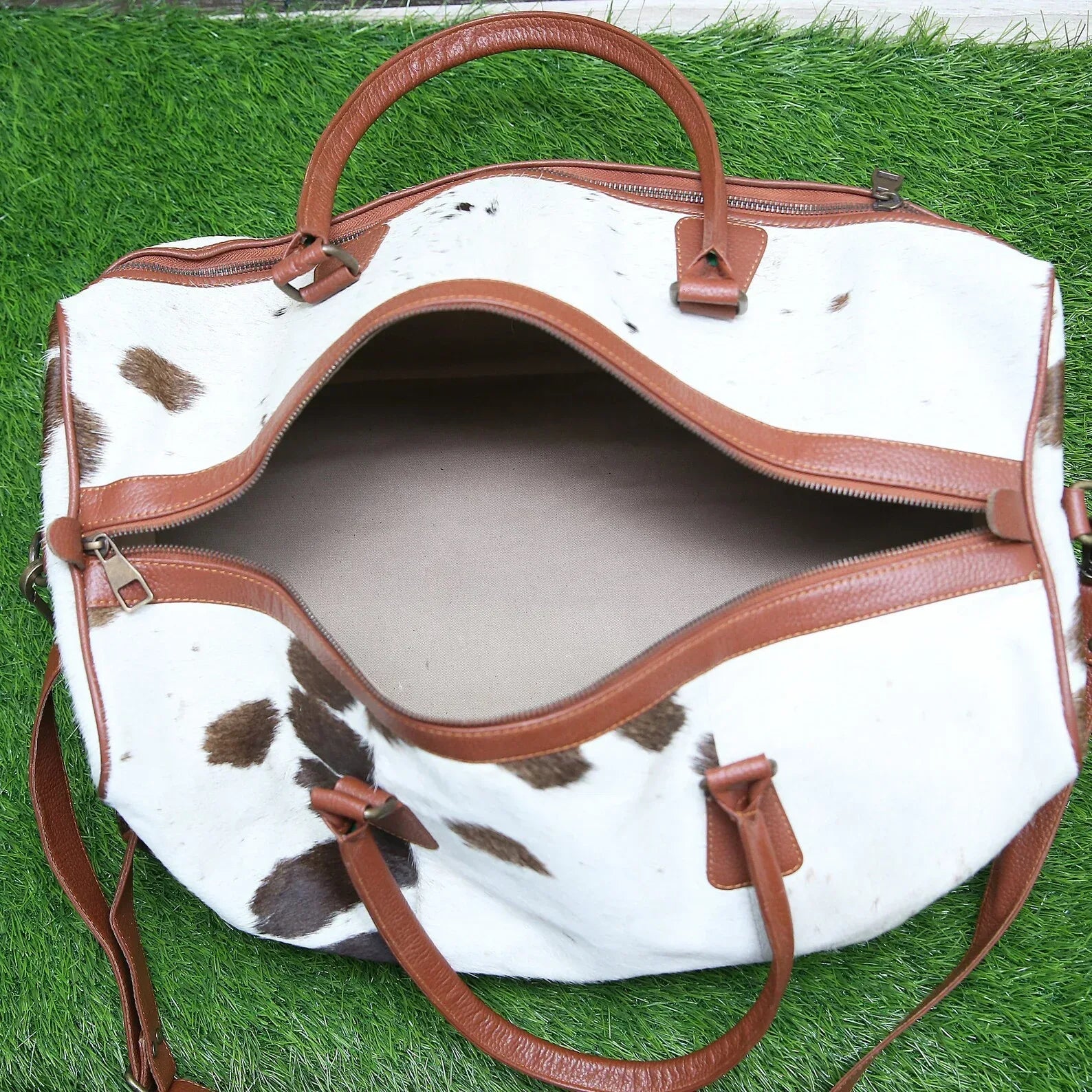 Cowhide weekender bag large travel duffel leather