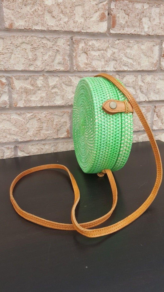 Green round rattan bag bali crossbody handmade