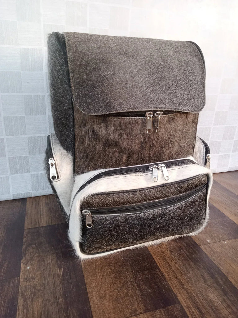 Grey White Cowhide Leather Backpack Exotic Hair On Hide