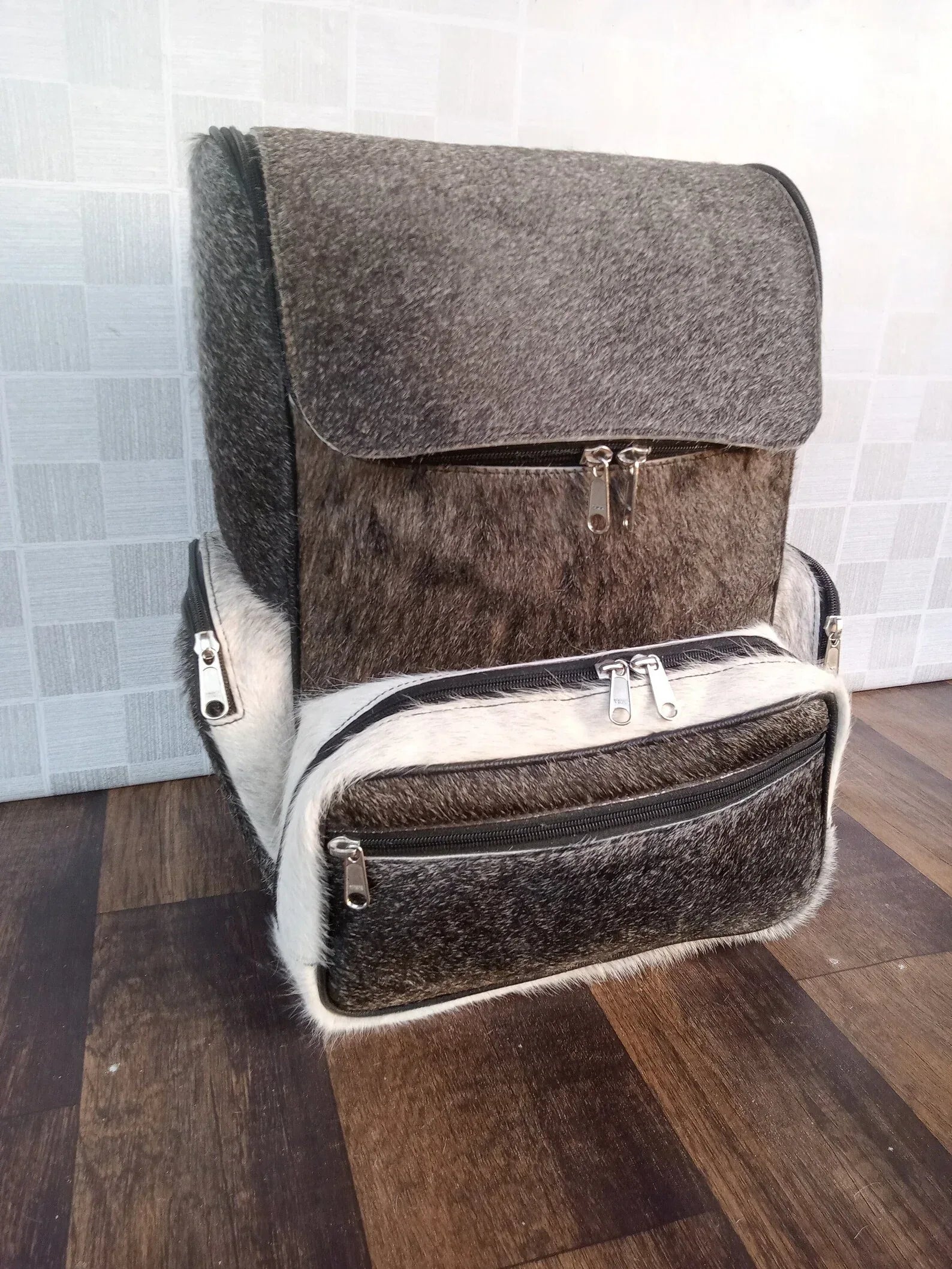 Grey White Cowhide Leather Backpack Exotic Hair On Hide