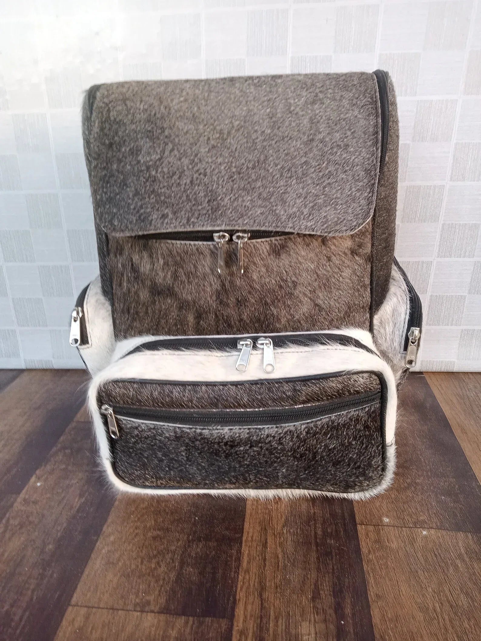 Grey White Cowhide Leather Backpack Exotic Hair On Hide
