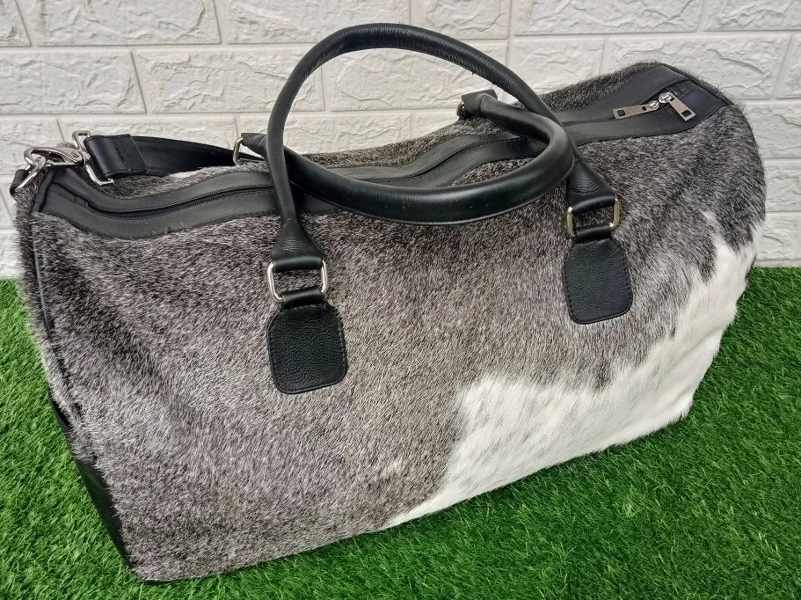 Grey Cowhide Weekender Bag Travel Duffel Carry On