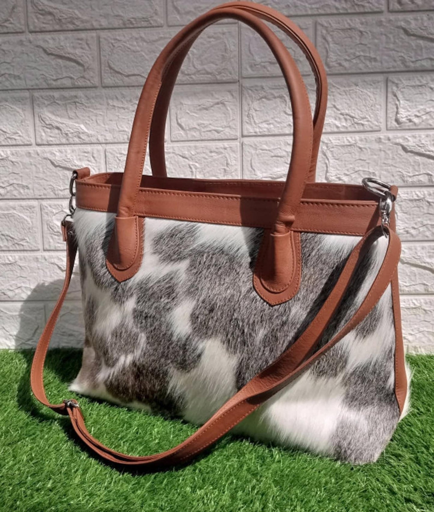 Grey white cowhide tote bag leather shoulder handbag