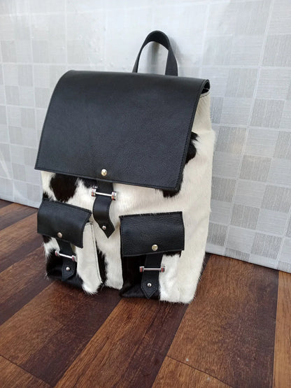 Black leather cowhide backpack with hair on hide