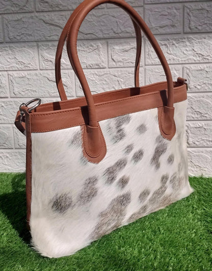 Grey white cowhide tote bag leather shoulder handbag