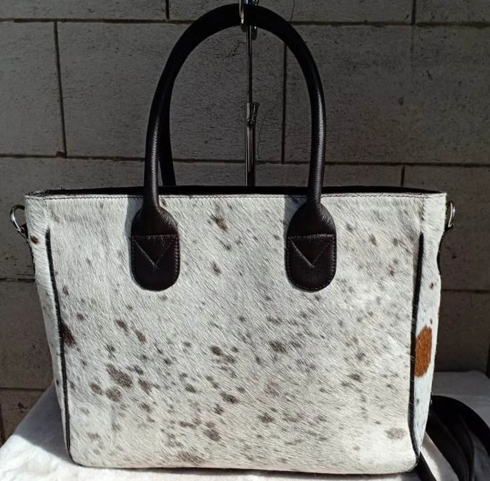 Tricolor cowhide tote bag real hair on hide leather