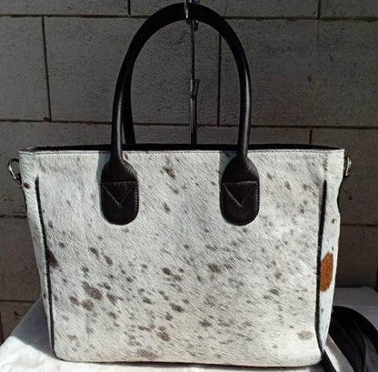 Tricolor cowhide tote bag real hair on hide leather
