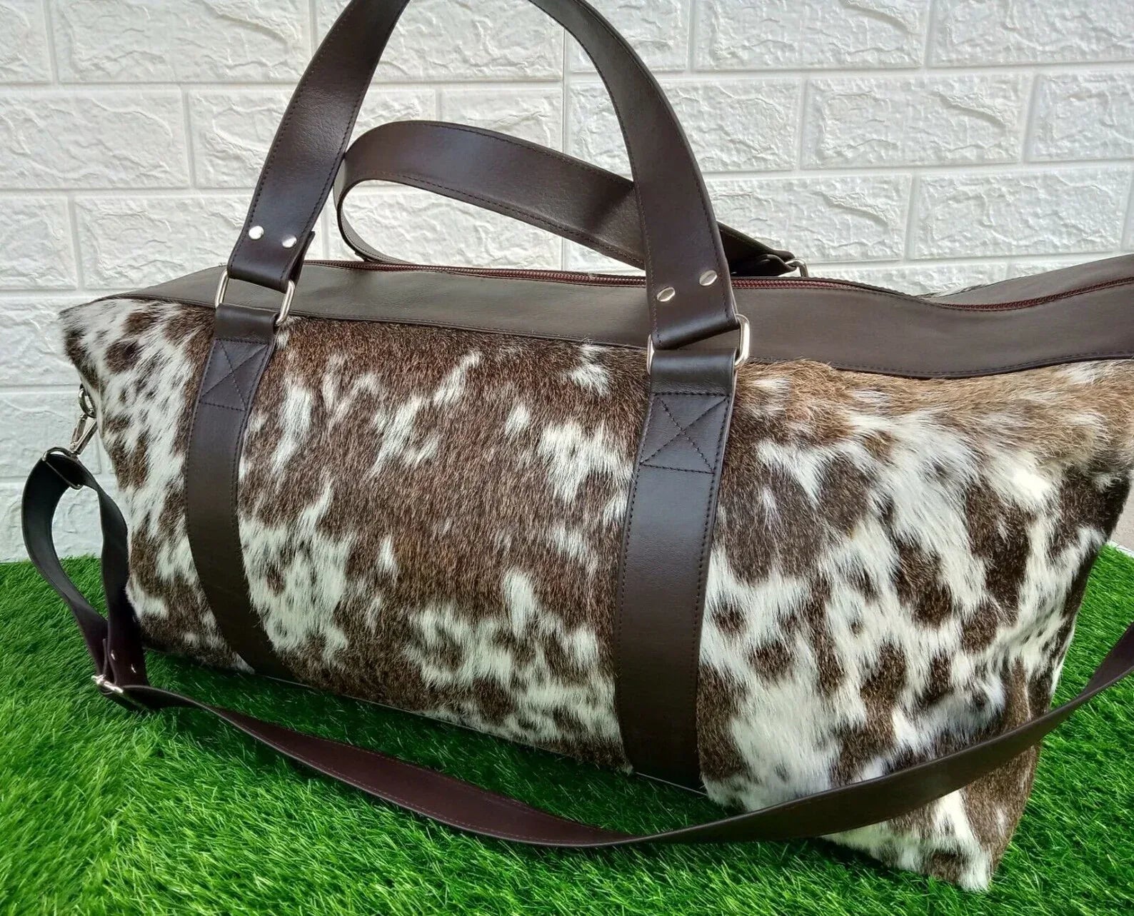 Large Cowhide Travel Bag Brown White Weekender Duffle