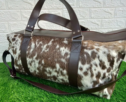 Large Cowhide Travel Bag Brown White Weekender Duffle