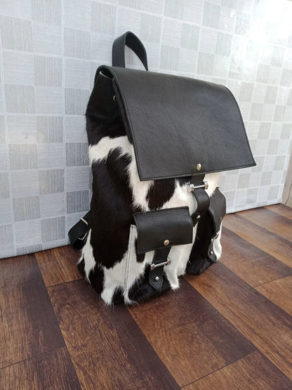 Black leather cowhide backpack with hair on hide