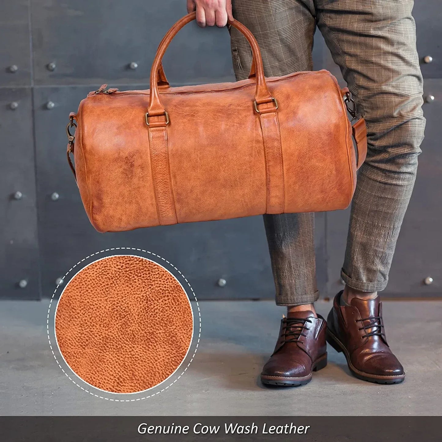 Men’s genuine leather duffel bag travel weekender holdall