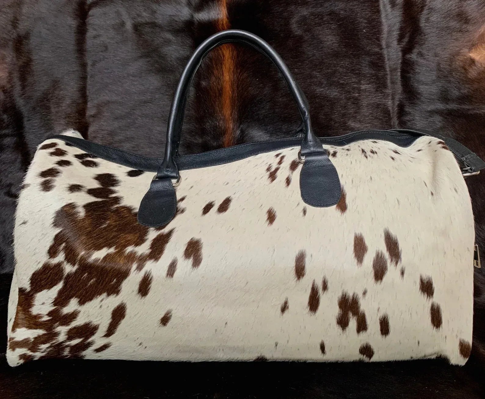 cowhide travel duffle bag white brown leather