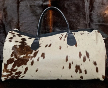 cowhide travel duffle bag white brown leather