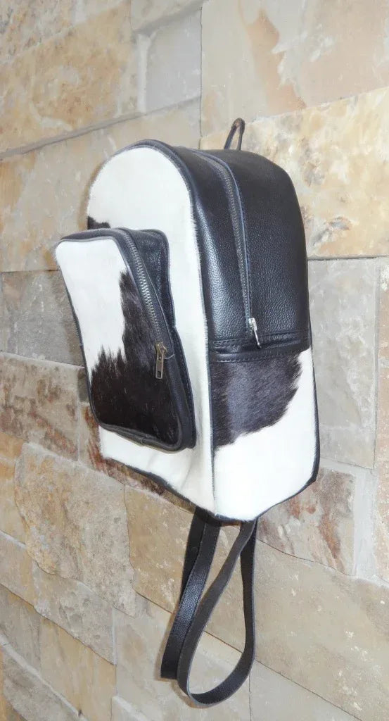 Black White Cowhide Backpack Mini Western Bag