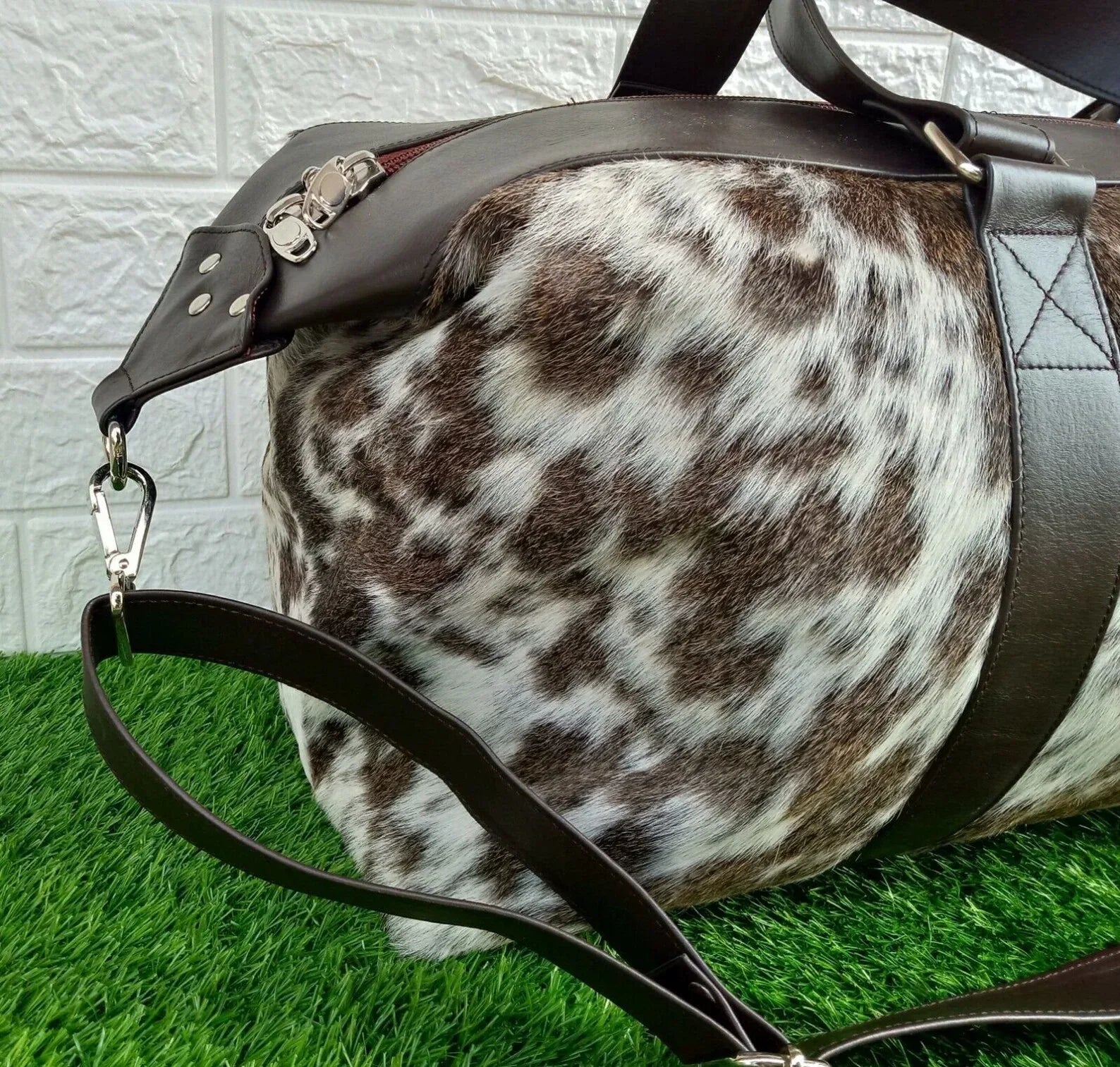 Large Cowhide Travel Bag Brown White Weekender Duffle
