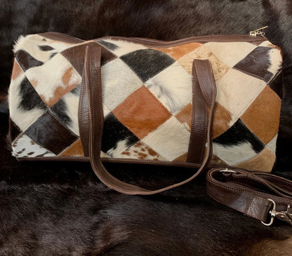 cowhide duffle bag travel patchwork