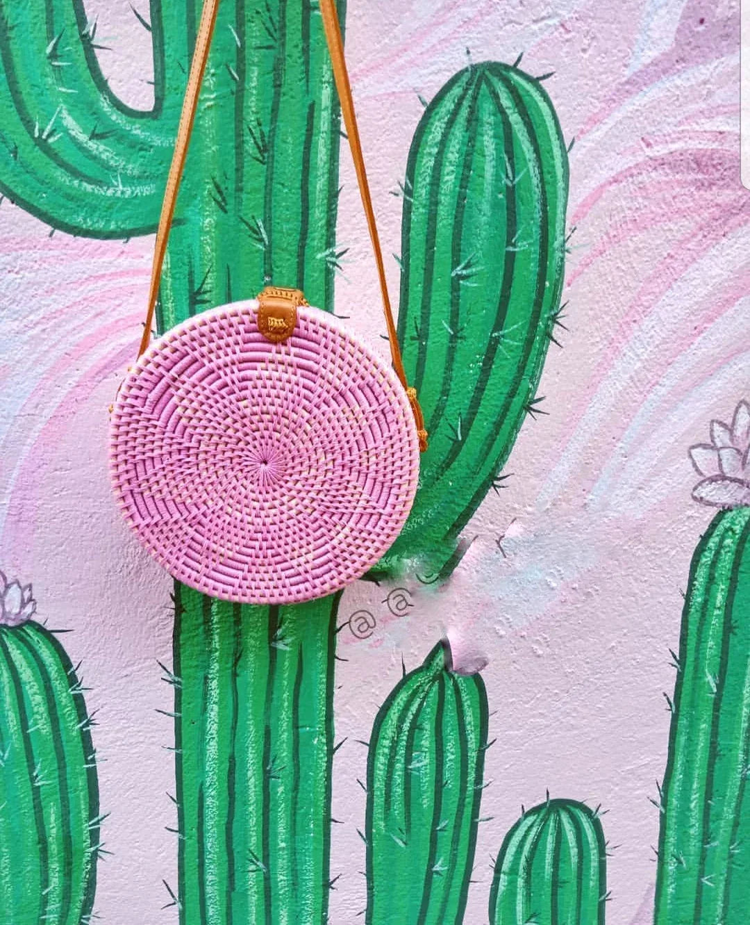 Pink round rattan bag bali crossbody handmade