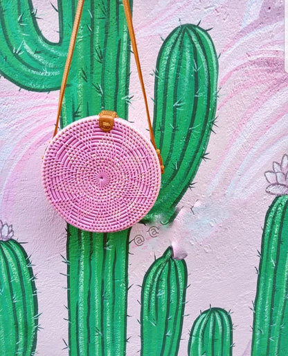 Pink round rattan bag bali crossbody handmade