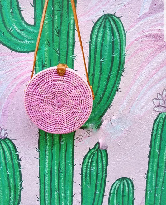 Pink round rattan bag bali crossbody handmade