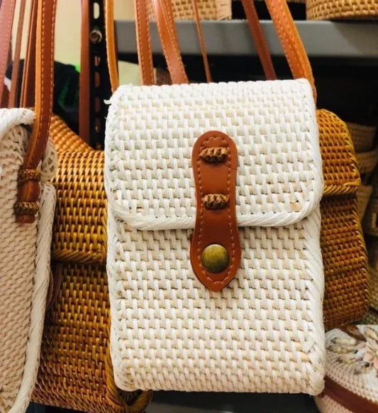 Mini Rattan Crossbody Bag White