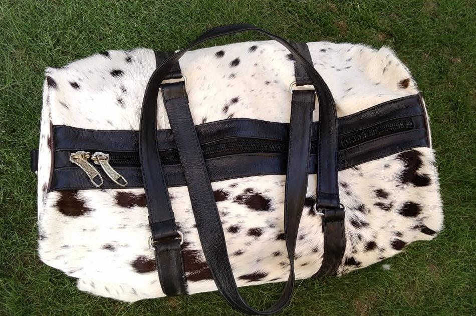 Cowhide Duffle Bag Hair On Hide Travel Bag Black White