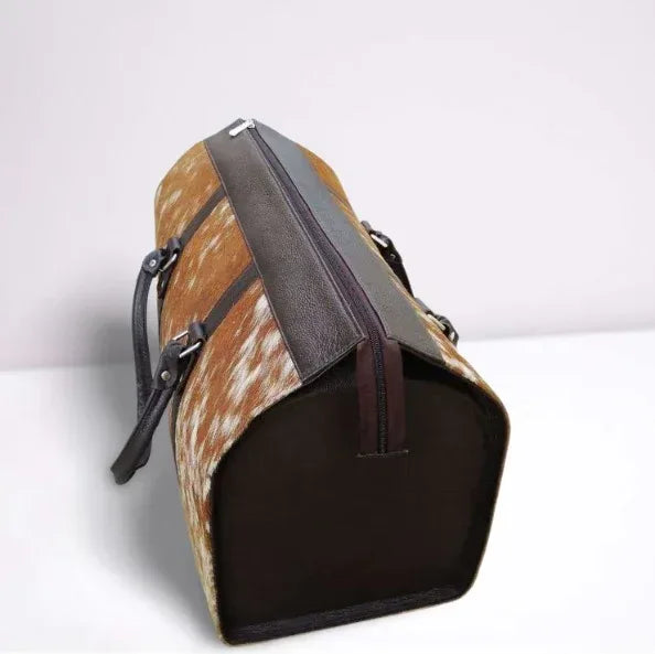 Cowhide Weekender Bag Brown White Overnight Duffle Bag