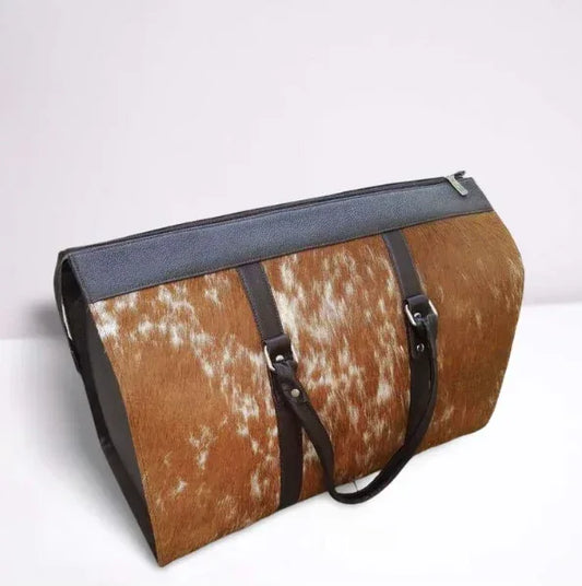 Cowhide Weekender Bag Brown White Overnight Duffle Bag