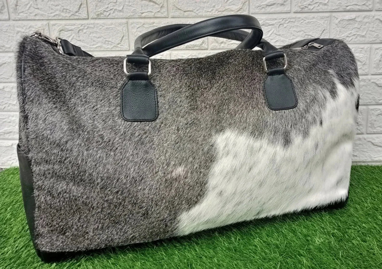 Grey Cowhide Weekender Bag Travel Duffel Carry On