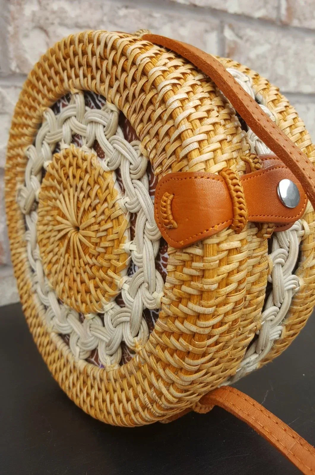 Round rattan crossbody bag handmade bali ata grass purse