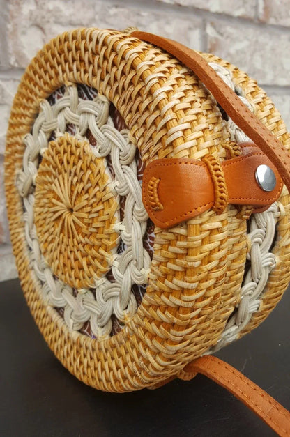 Round rattan crossbody bag handmade bali ata grass purse