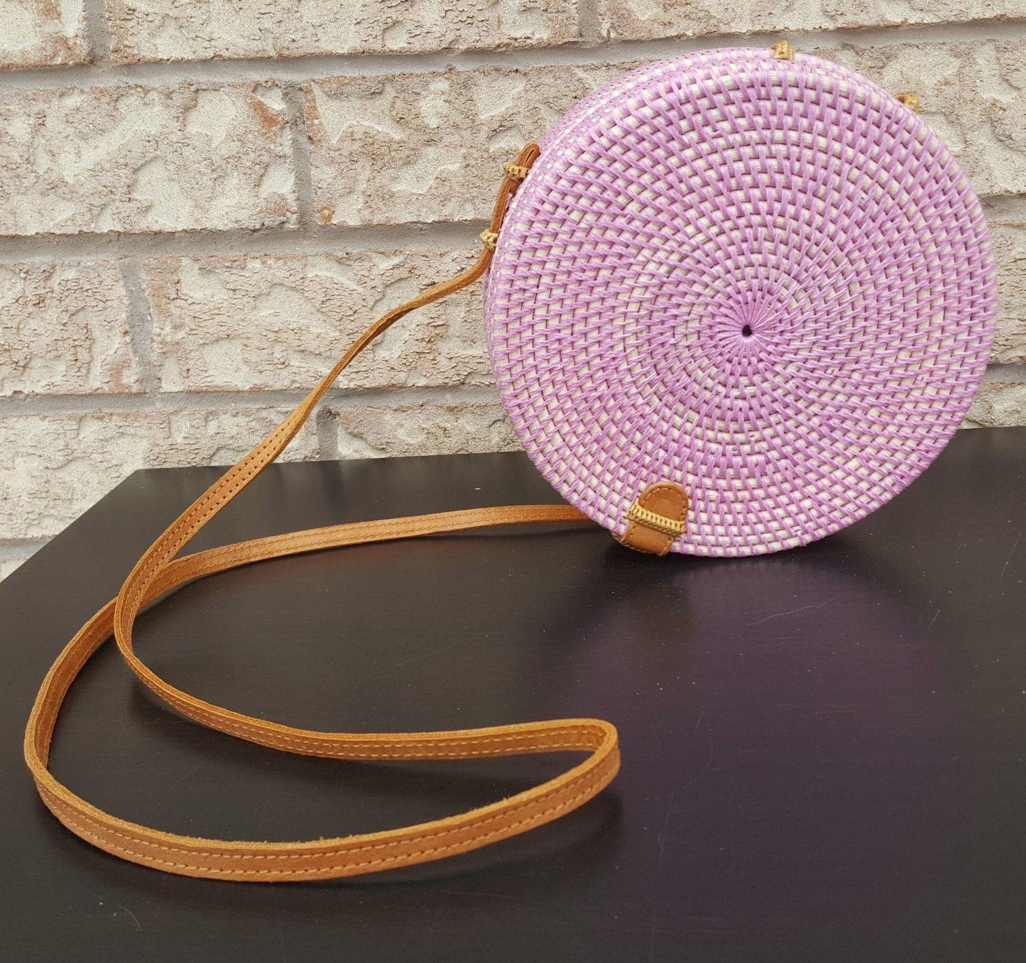 Pink round rattan bag bali crossbody handmade