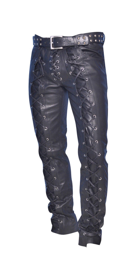 Real Leather Lace Up Biker Pants for Men Gothic Style