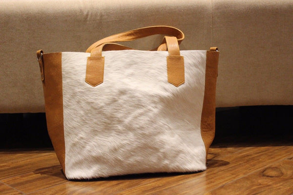 Large Cowhide Tote Purse Handbag Leather Shoulder Bag Womens Brown Tan Fur  