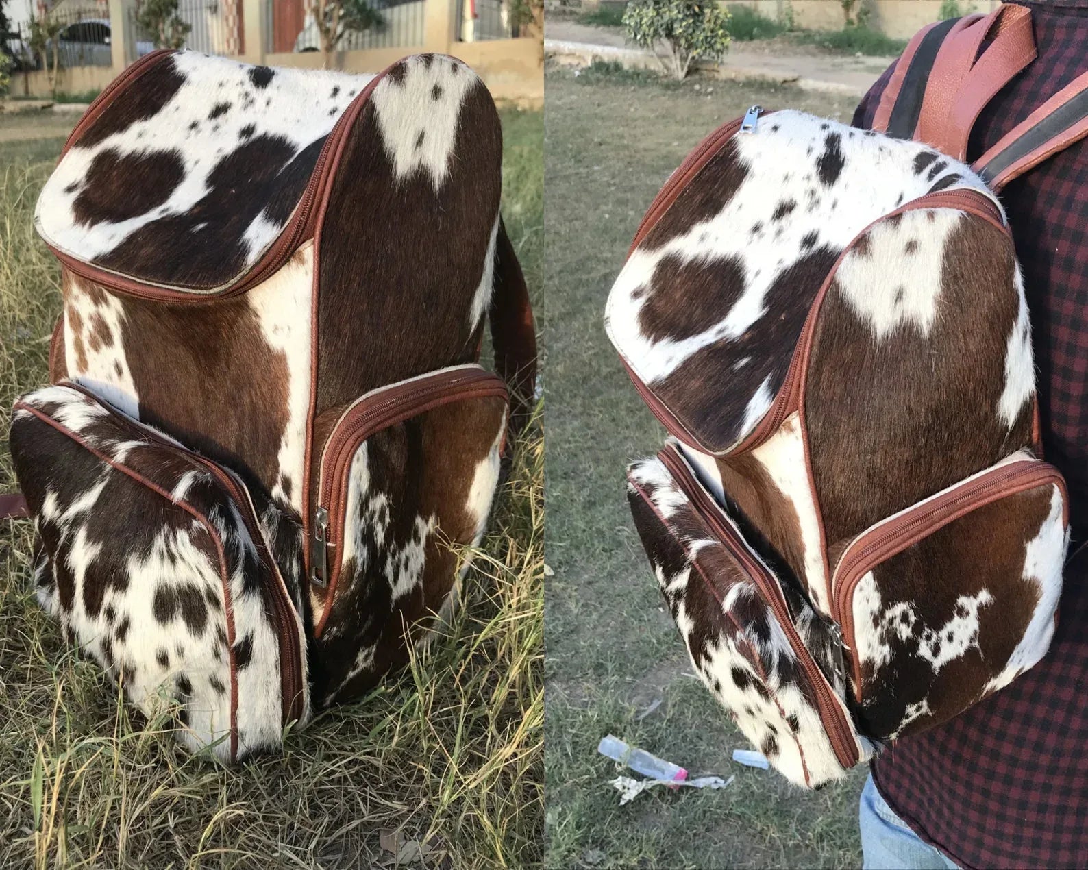 Dark brown cowhide backpack speckled hair on hide