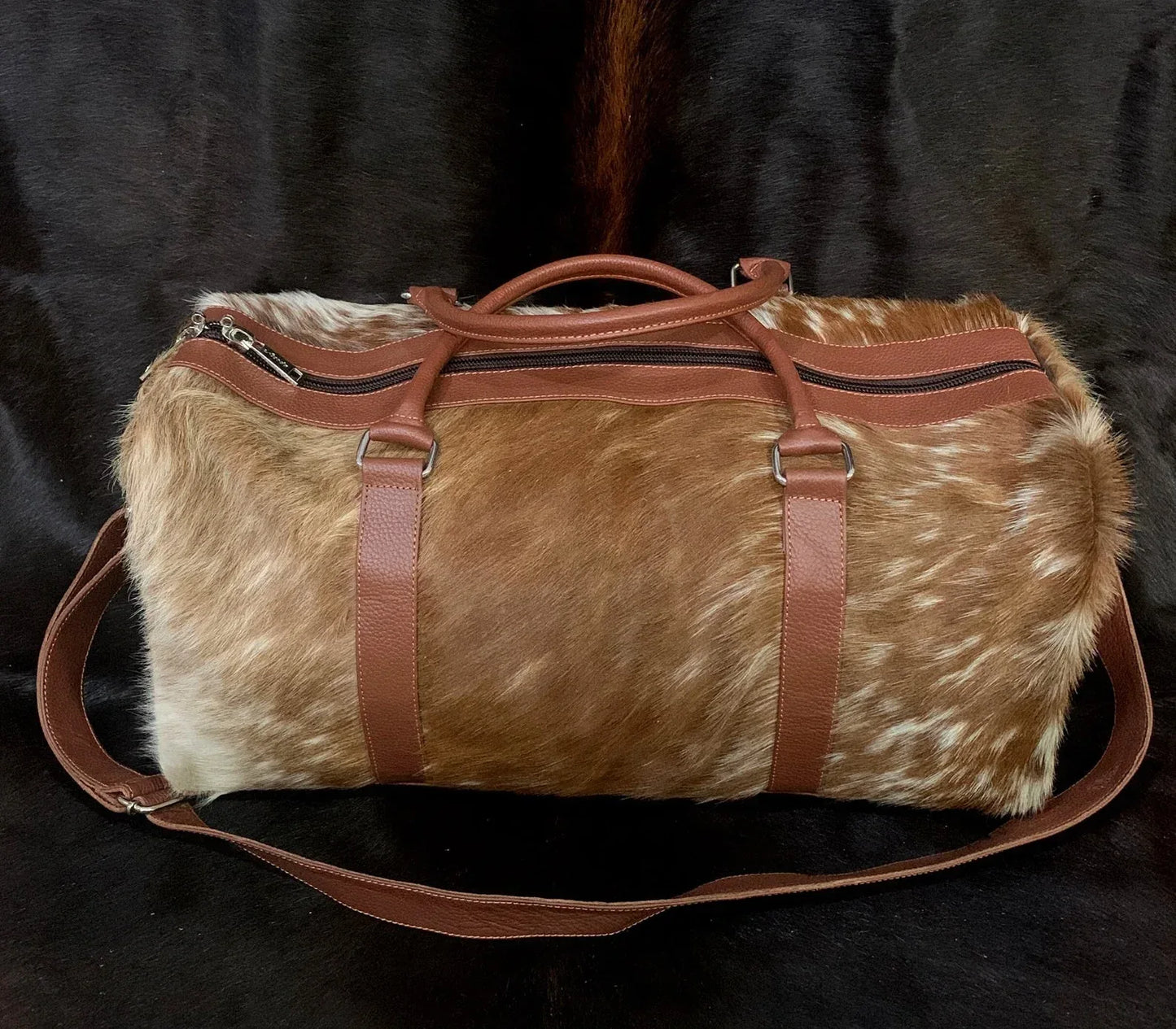 spotted cowhide duffle bag travel leather