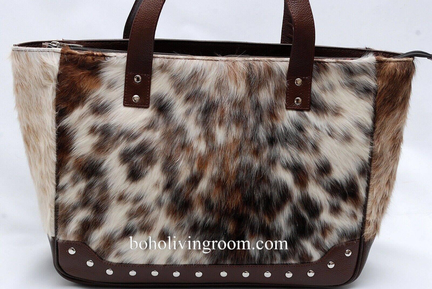 spotted cowhide tote bag leather back tricolor handbag