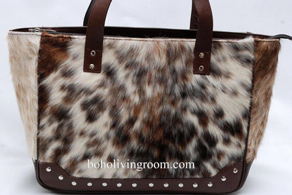 spotted cowhide tote bag leather back tricolor handbag
