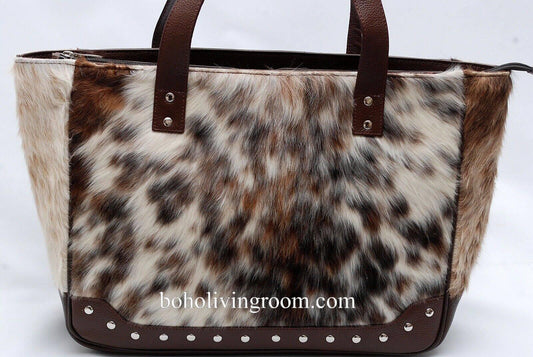 spotted cowhide tote bag leather back tricolor handbag