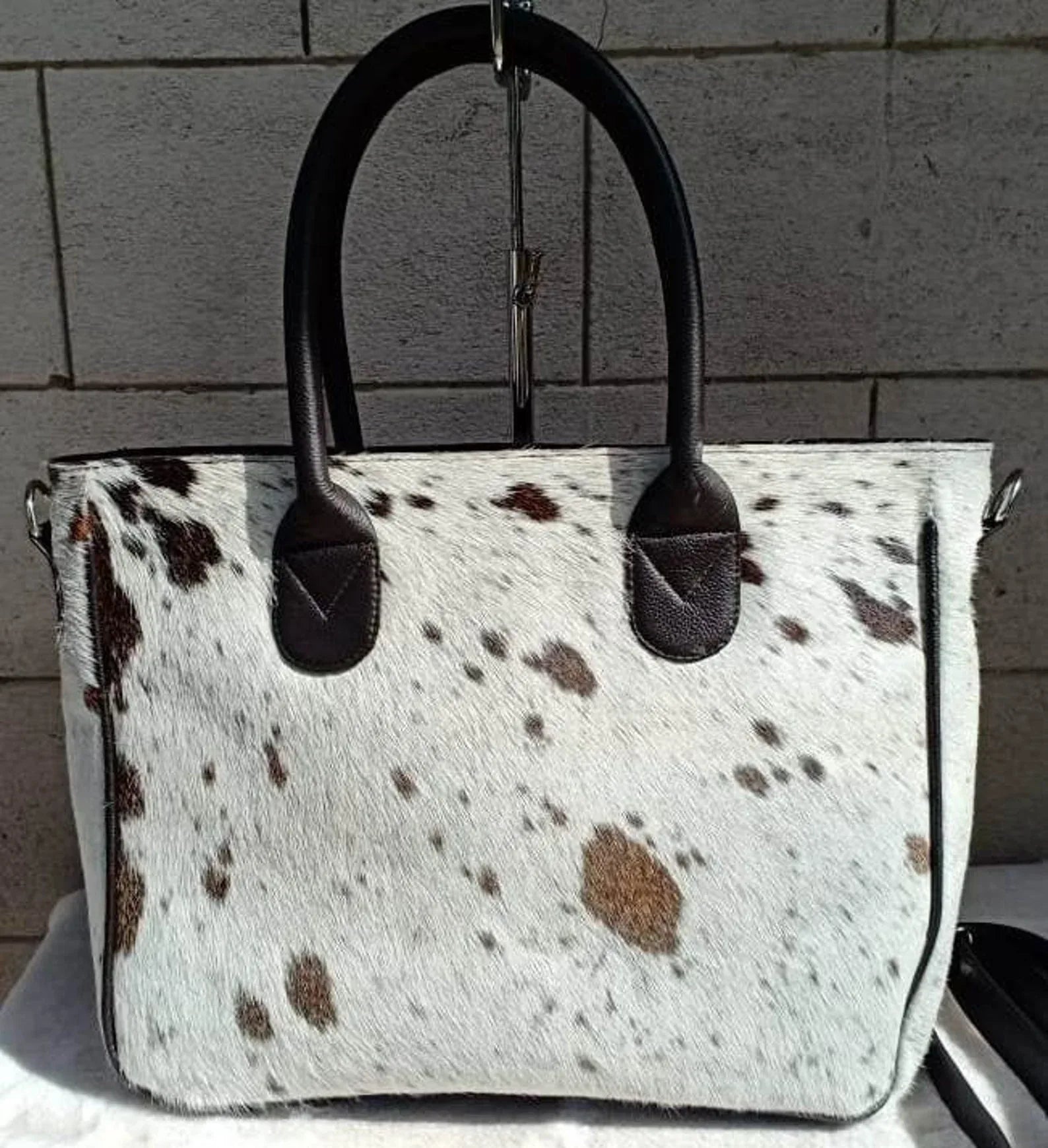 Tricolor cowhide tote bag real hair on hide leather