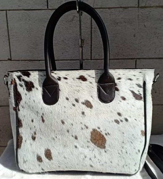 Tricolor cowhide tote bag real hair on hide leather