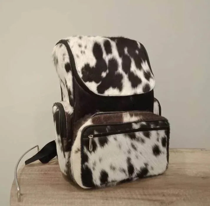 Cowhide Backpack With Tricolor Hair On Hide Leather For Travel Dark Brown White
