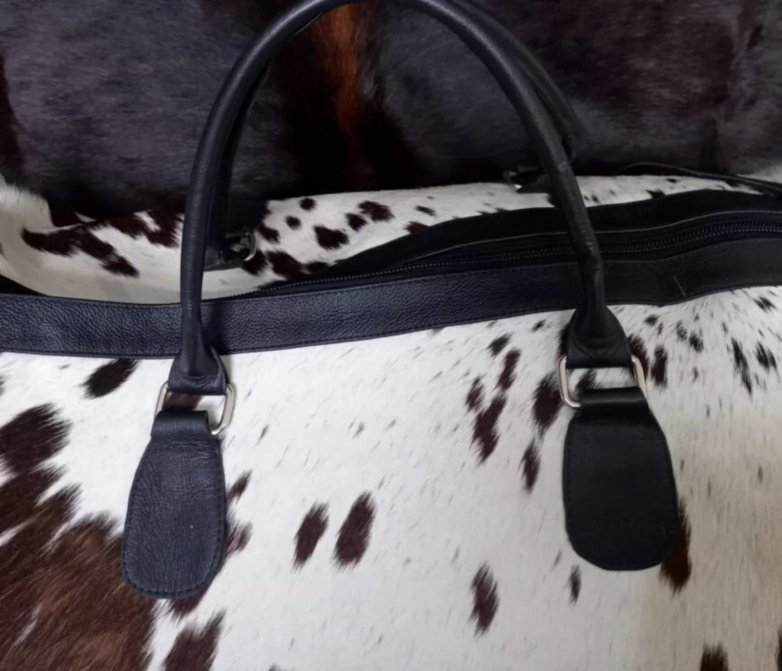 cowhide travel duffle bag white brown leather